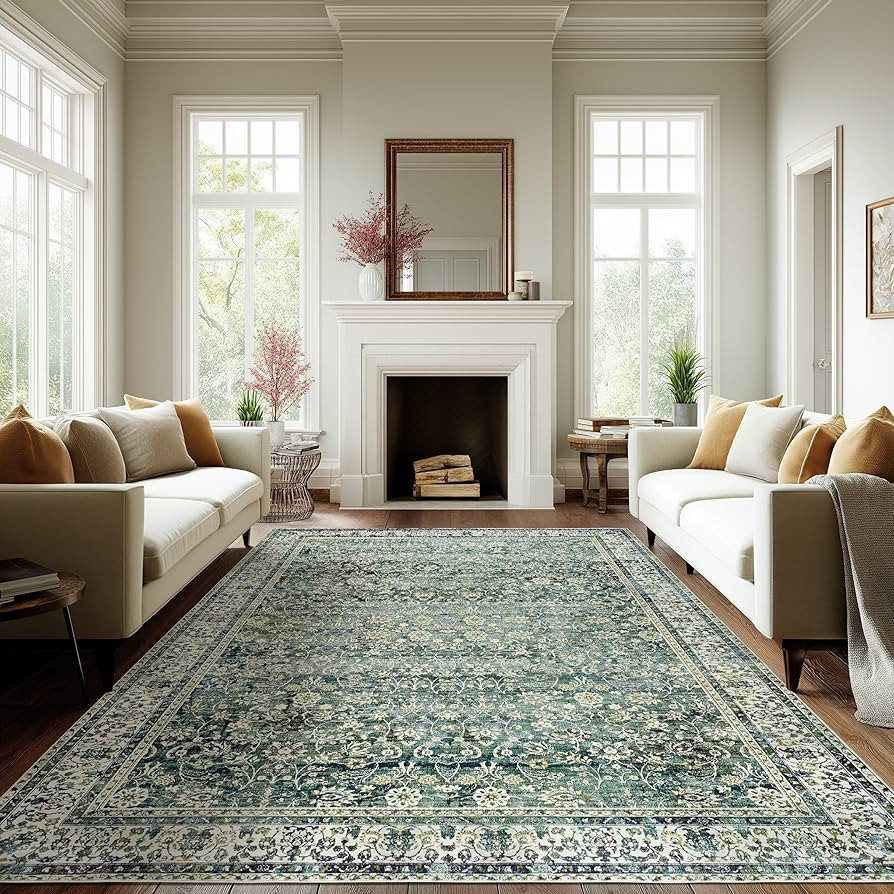 Dark Green Area Rugs 8x10 for Living Room Washable Non Slip Low Pile Blue and Green Rug Boho Vint... | Amazon (US)