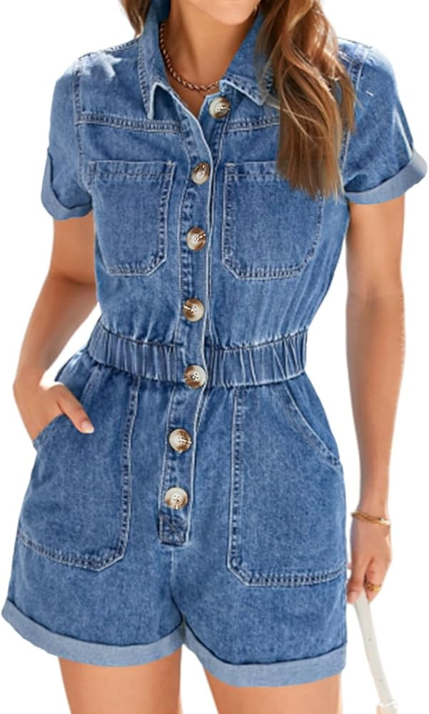 Cicy Bell Women's Short Sleeve Denim Rompers Cotton Utility Button Up Elastic Waist Short Jumpsui... | Amazon (US)