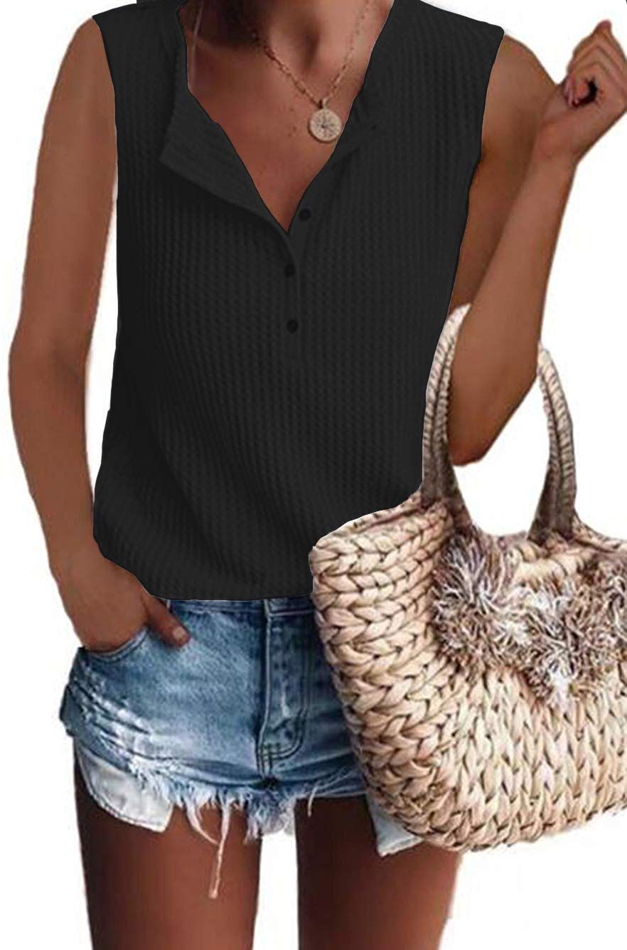Glanzition Womens Tops Short Sleeve V Neck Button Up Loose Waffle Knit Tunic Henley Shirts | Amazon (US)