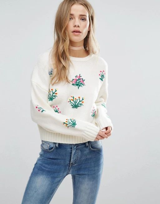 New Look Floral Embroidered Knitted Crop Jumper | ASOS UK