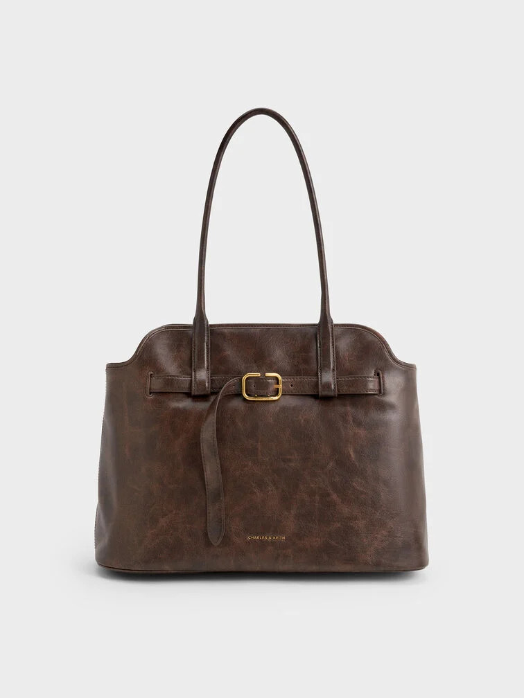 Victoria Belted Trapeze Tote Bag - Distressed Coffee | Charles & Keith US