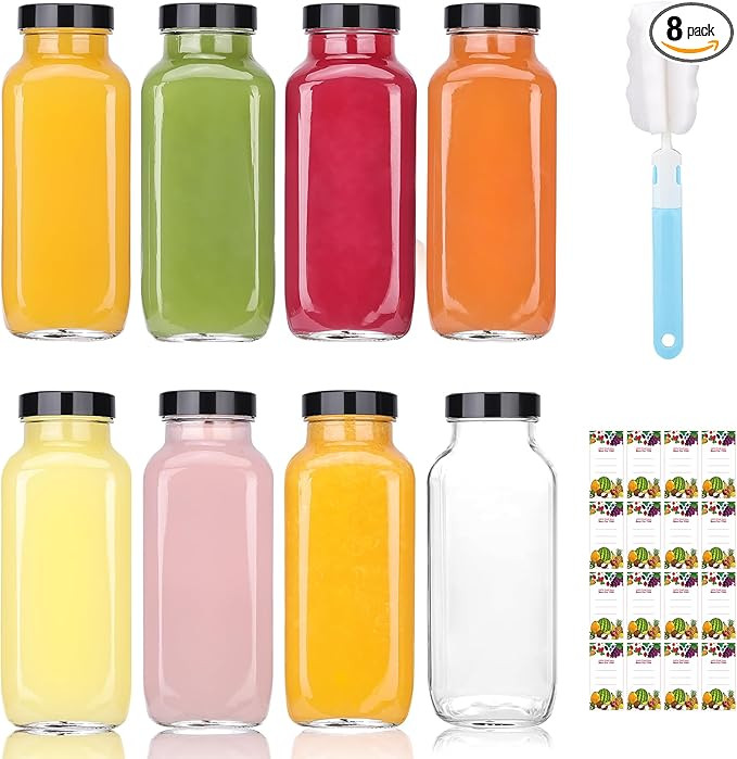 Glxgow 8 Pack 8 oz Glass Juice Bottles with Lids & Labels, Reusable Travel Juice Storage Containe... | Amazon (US)