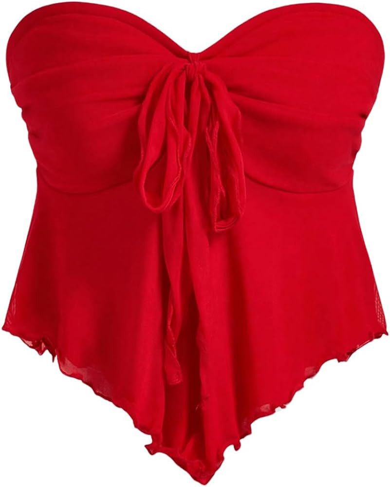 WDIRARA Women's Solid Strapless Tie Front Lettuce Trim Asymmetrical Flare Crop Tube Top | Amazon (US)