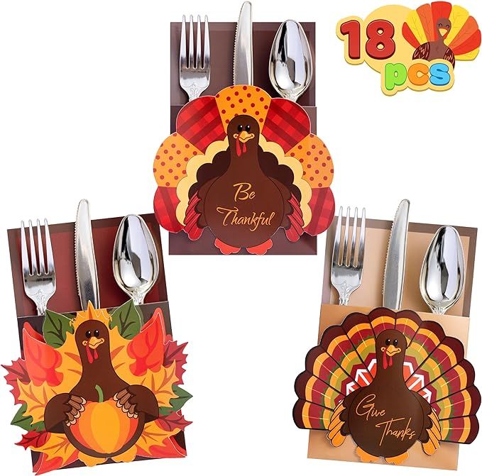 JOYIN 18 Count Thanksgiving Cutlery Holder Set for Thanksgiving Turkey Utensil Décor, Autumn Fal... | Amazon (US)