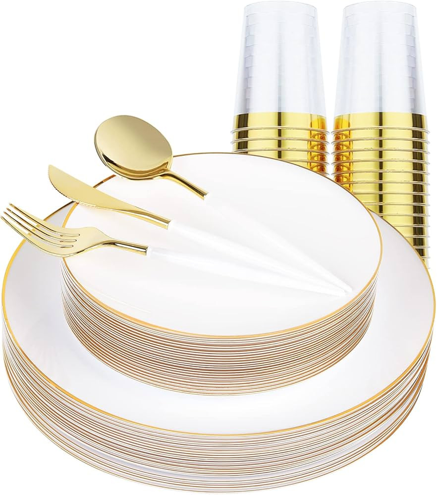 150pcs Gold Plastic Dinnerware, Gold Plastic Plates, White and Gold Plastic Silverware,Gold Plastic  | Amazon (US)