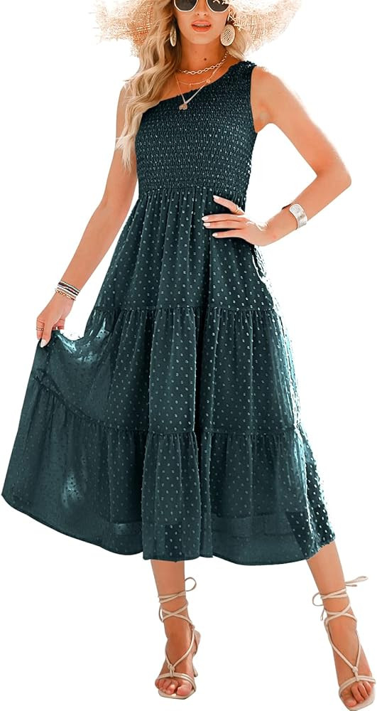 ANRABESS Women's Summer One Shoulder Sundress Sleeveless Swiss Dot Smocked Flowy Tiered Beach Long D | Amazon (US)