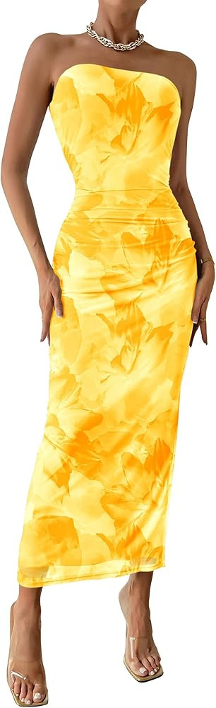 PRETTYGARDEN Women's Summer Wedding Guest Dress Strapless Tube Top Maxi Bodycon Long Floral Mesh ... | Amazon (US)