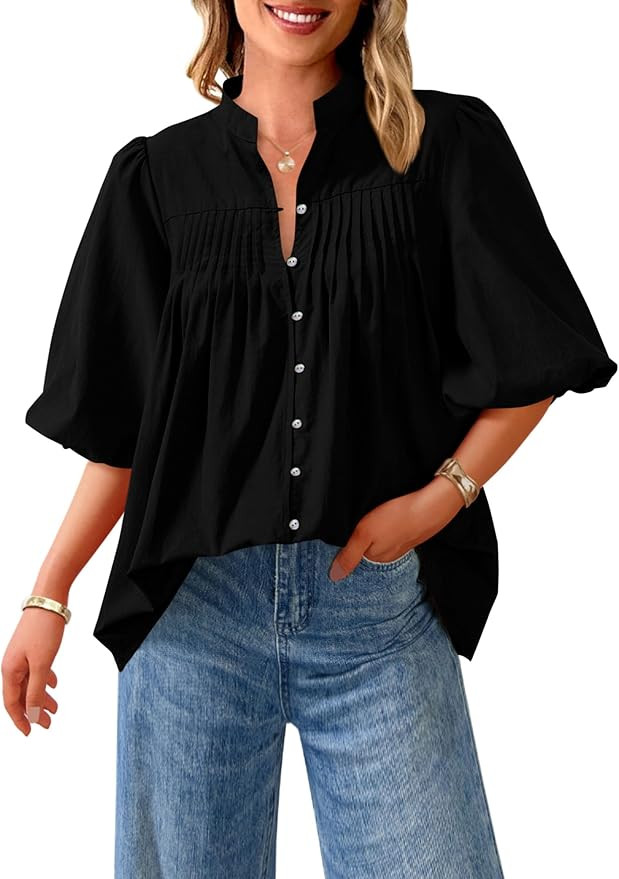 PRETTYGARDEN Women's 2025 Summer Short Lantern Sleeve Tops Loose Fit Button Down Shirt Casual Ple... | Amazon (US)