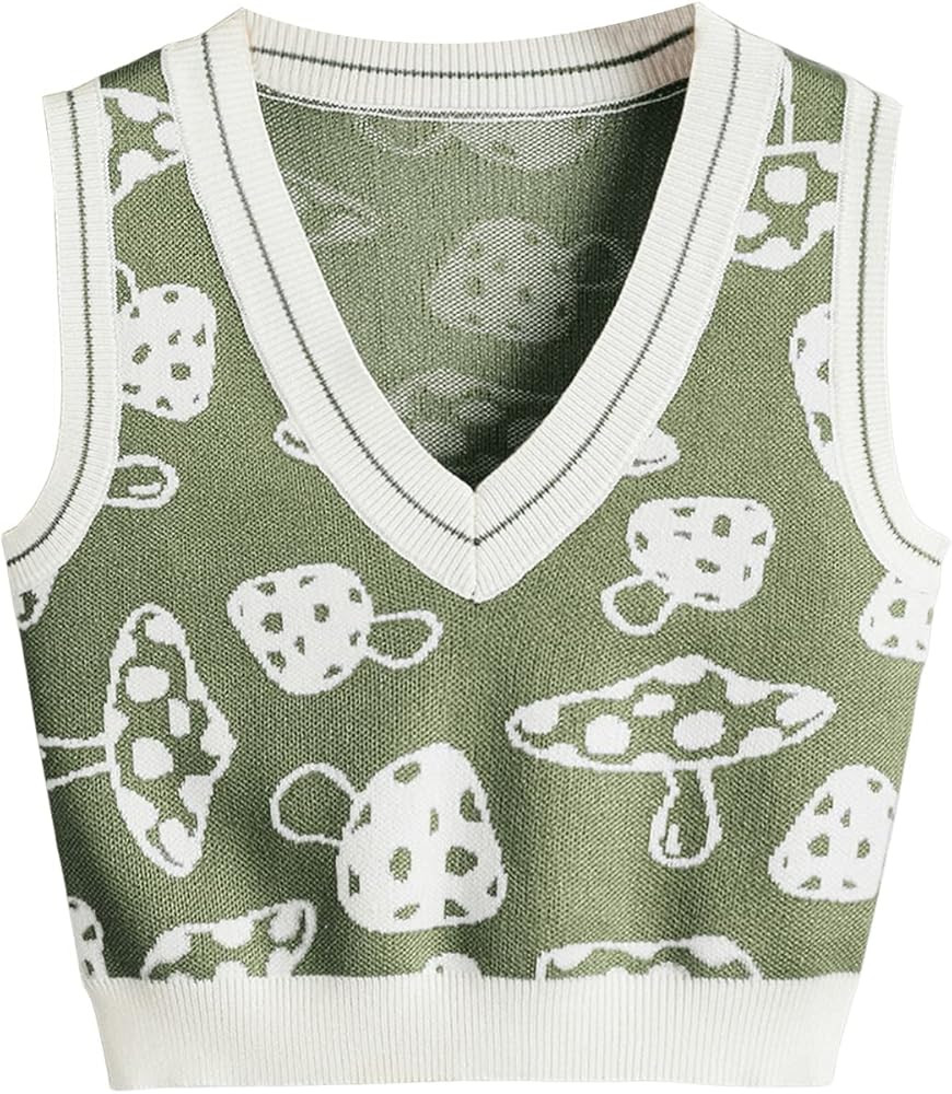 SweatyRocks Women's Sleeveless V Neck Knit Sweater Vest Skull Print Crop Tank Top | Amazon (US)