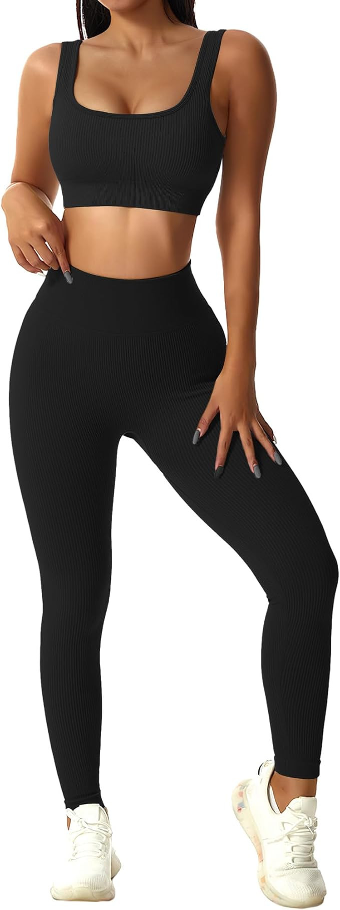AURUZA Workout Sets for Women Two Piece Sets for Women Summer Seamless Ribbed High Waist Leggings... | Amazon (US)