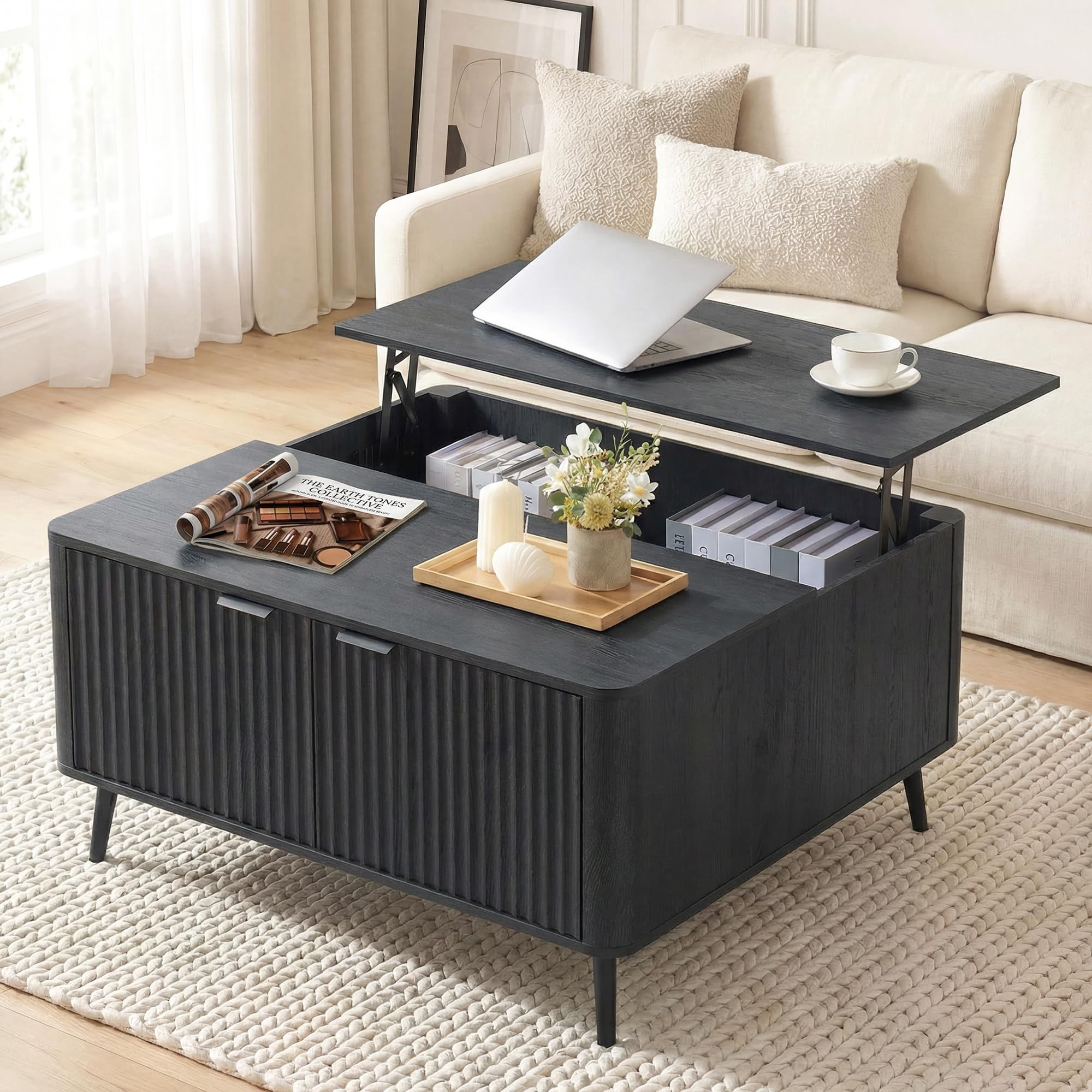 Fatmok Large Lift Top Coffee Table with Hidden Compartment, 35.4" Wide Oversized Square Coffee Table with Storage, Mid Century Modern Fluted Center Table for Home Living Room, Black Grey : Home & Kitchen | Amazon (US)