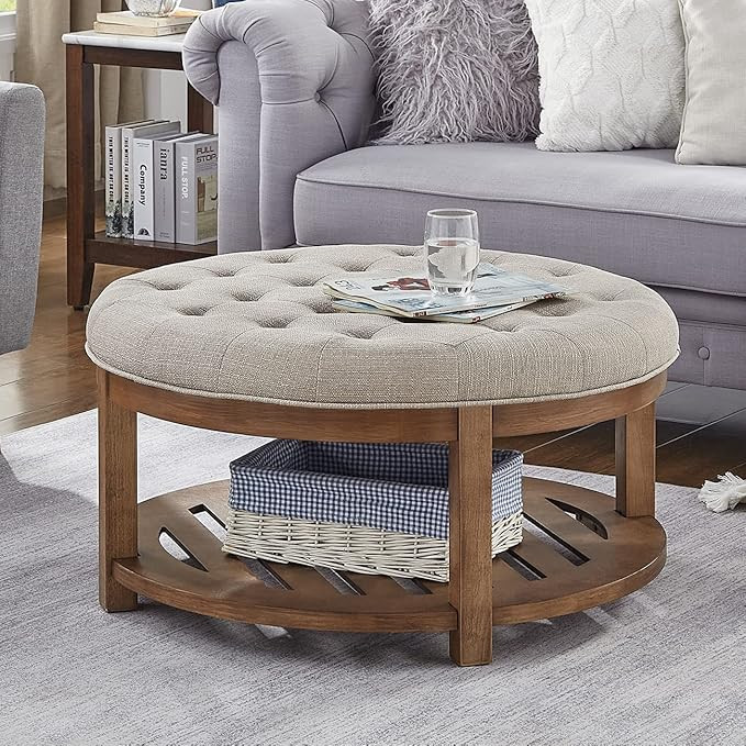 24KF Large Round Upholstered Tufted Linen Ottoman Coffee Table, Large Footrest Ottoman with Wood ... | Amazon (US)