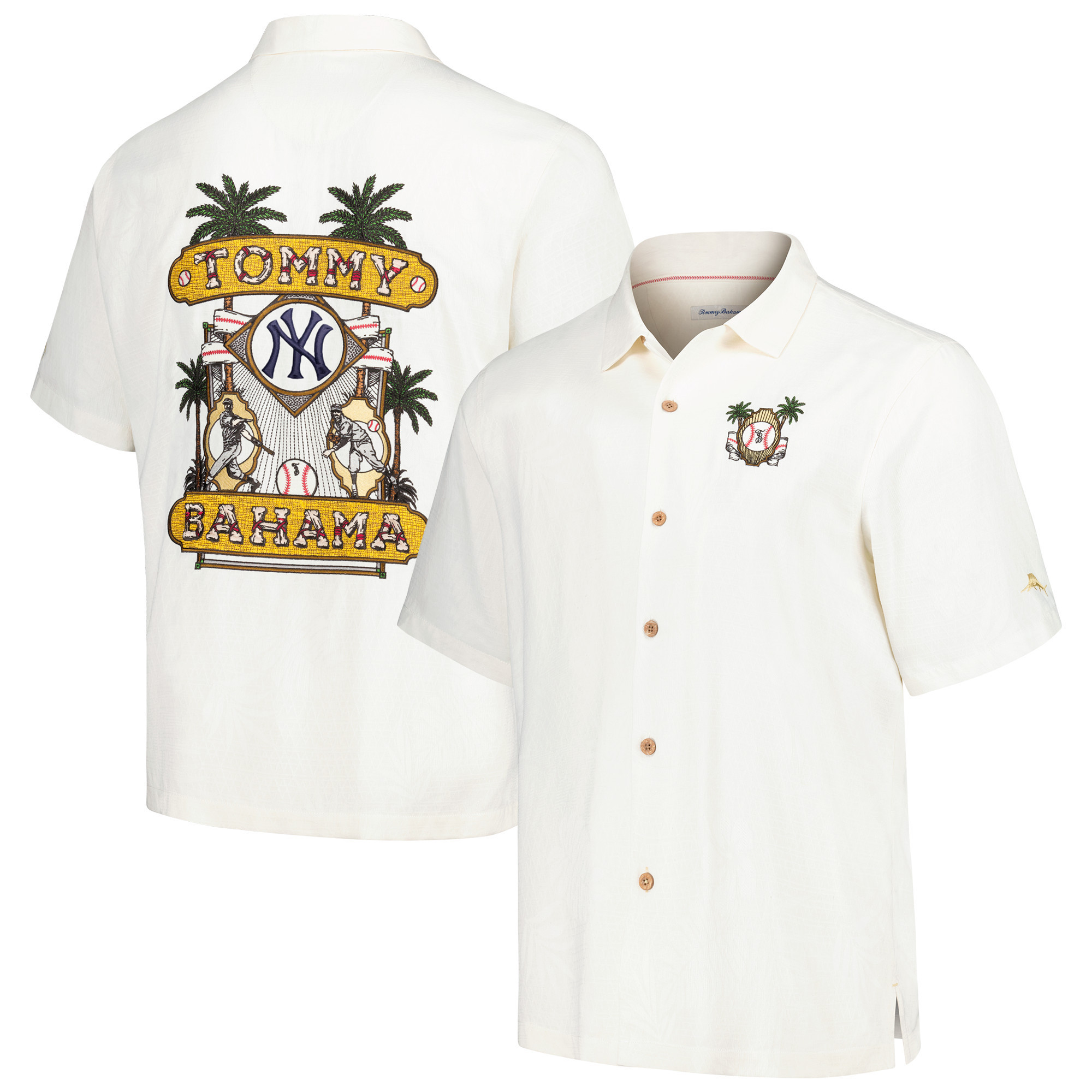 Men's Tommy Bahama White New York Yankees Pitcher's Paradiso Button-Up Camp Shirt | Fanatics