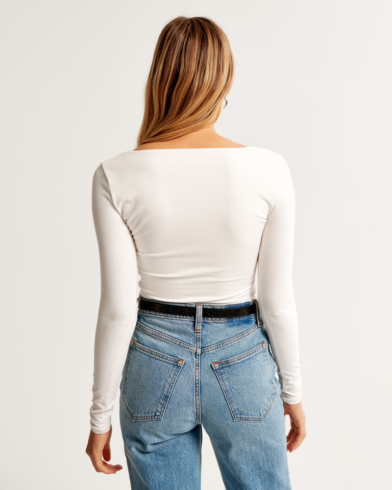 Long-Sleeve Cotton-Blend Seamless Fabric Sweetheart Bodysuit | Abercrombie & Fitch (US)