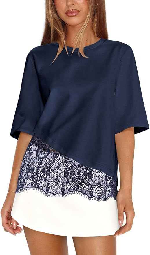 Womens Lace Tops for Women Short Sleeve Top Crew Neck Patchwork T Shirt Casual Overlay Tee Summer... | Amazon (US)