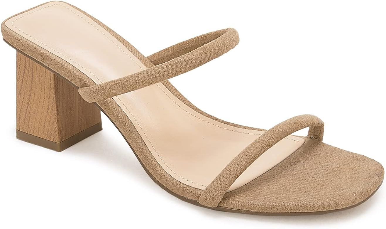 Minshluu Womens Open Square Toe Heeled Sandals Two Strap Slip on Block Chunky Heels Slides Sandal | Amazon (US)