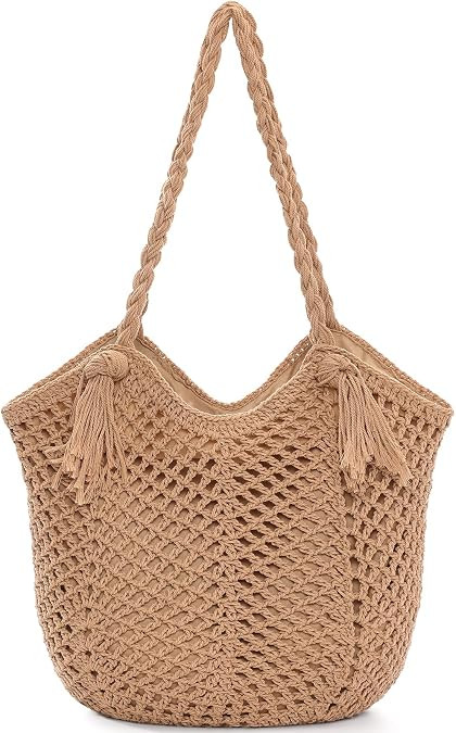 Pleneal Crochet Beach Bag, Summer Woven Tote Bag with Lining, Soft Purse Shoulder Bags for Vacati... | Amazon (US)