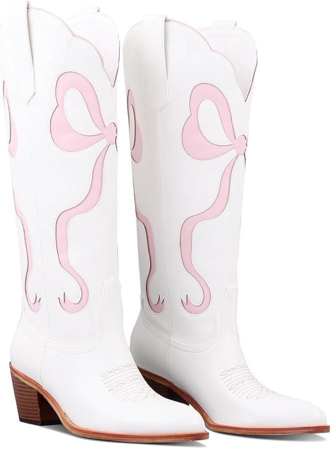 LingxiaUne Western Cowboy Boots - White Cowboy Boots with Bow Mid Calf Cowgirl Boot for Women Com... | Amazon (US)