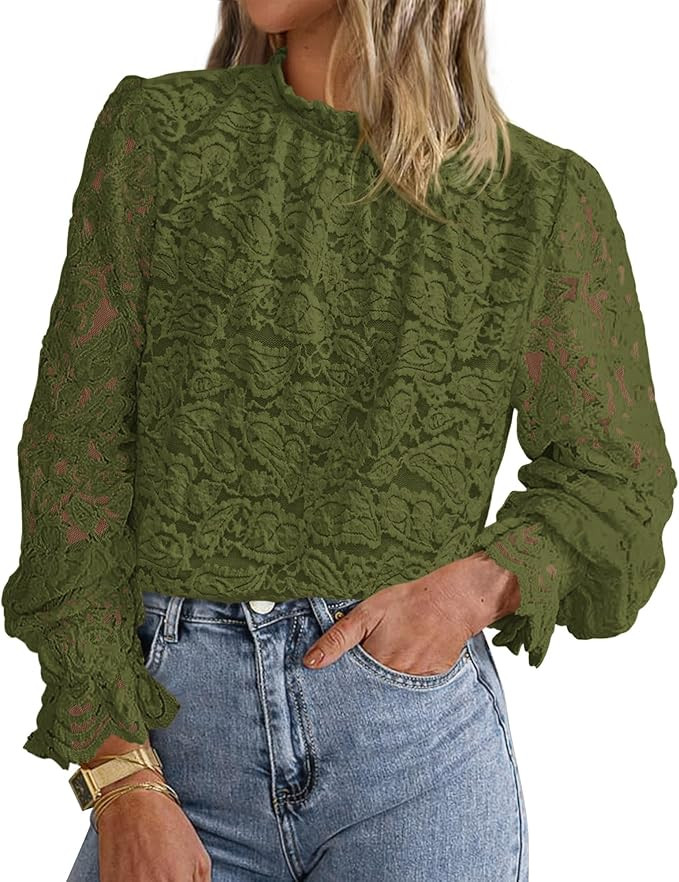 KIRUNDO Blouses for Women Dressy Casual Lace Long Sleeve Tops Mock Neck Ruffle Hem Shirts Fall Fa... | Amazon (US)