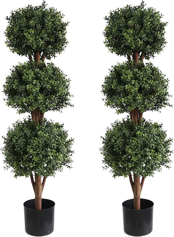 2Pcs Artificial Triple Ball Boxwood Topiary Trees, 46.5 Inch Faux Boxwood Plants Potted for Resta... | Amazon (US)