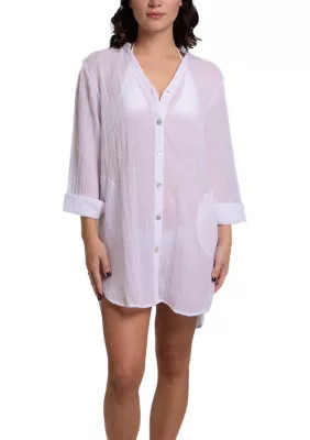 J Valdi Women's Solid Button Up Big Shirt Swim Coverup, White, Medium | Belk