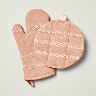 2pc Textured Stripe Oven Mitt Set Gingham Blush - Hearth & Hand™ with Magnolia | Target