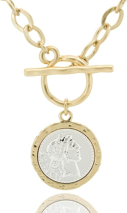 Chunky Coin Antique Gold Plated Thick Link Chain Layered Pendant Necklace for Women 18 Inch Trend... | Amazon (US)