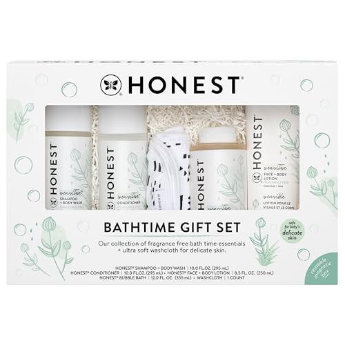 The Honest Company Fragrance-Free Bathtime Gift Set, Hypoallergenic, Bath Essentials for Sensitive Skin, Shampoo and Body Wash, Face Lotion, Bubble Bath, Conditioner, Wash Cloth | Amazon (US)