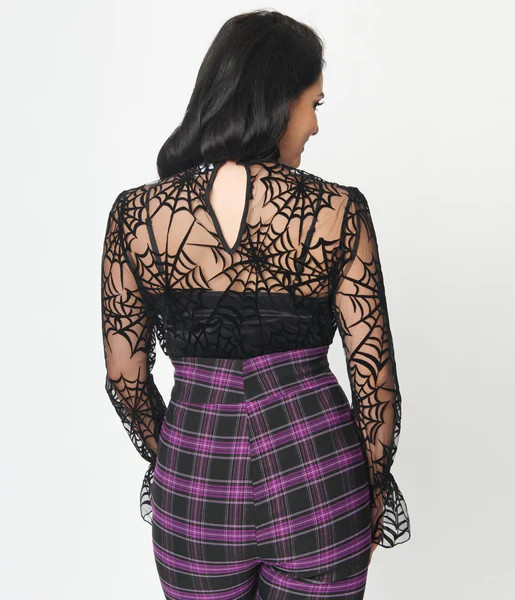 Unique Vintage Black Spiderweb Flocked Donna Blouse | UniqueVintage