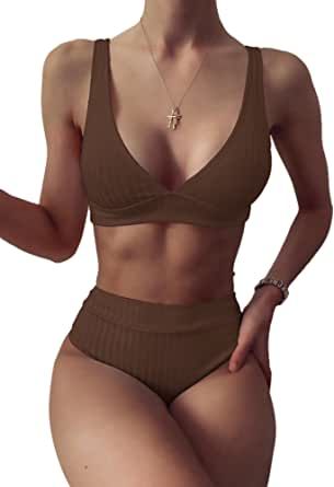 Verdusa Women's Deep V Neck High Waisted Panty Bikini Set Swimsuit Bathing Suit | Amazon (US)