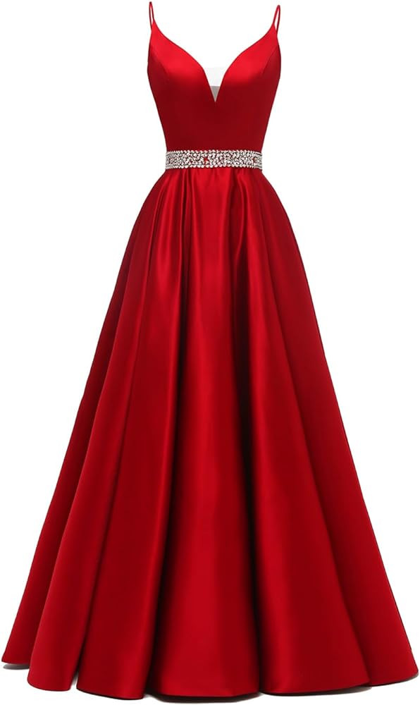 Yexinbridal Satin Prom Dresses Long for Women 2025 Spaghetti Straps Beaded V-Neck Formal Evening ... | Amazon (US)