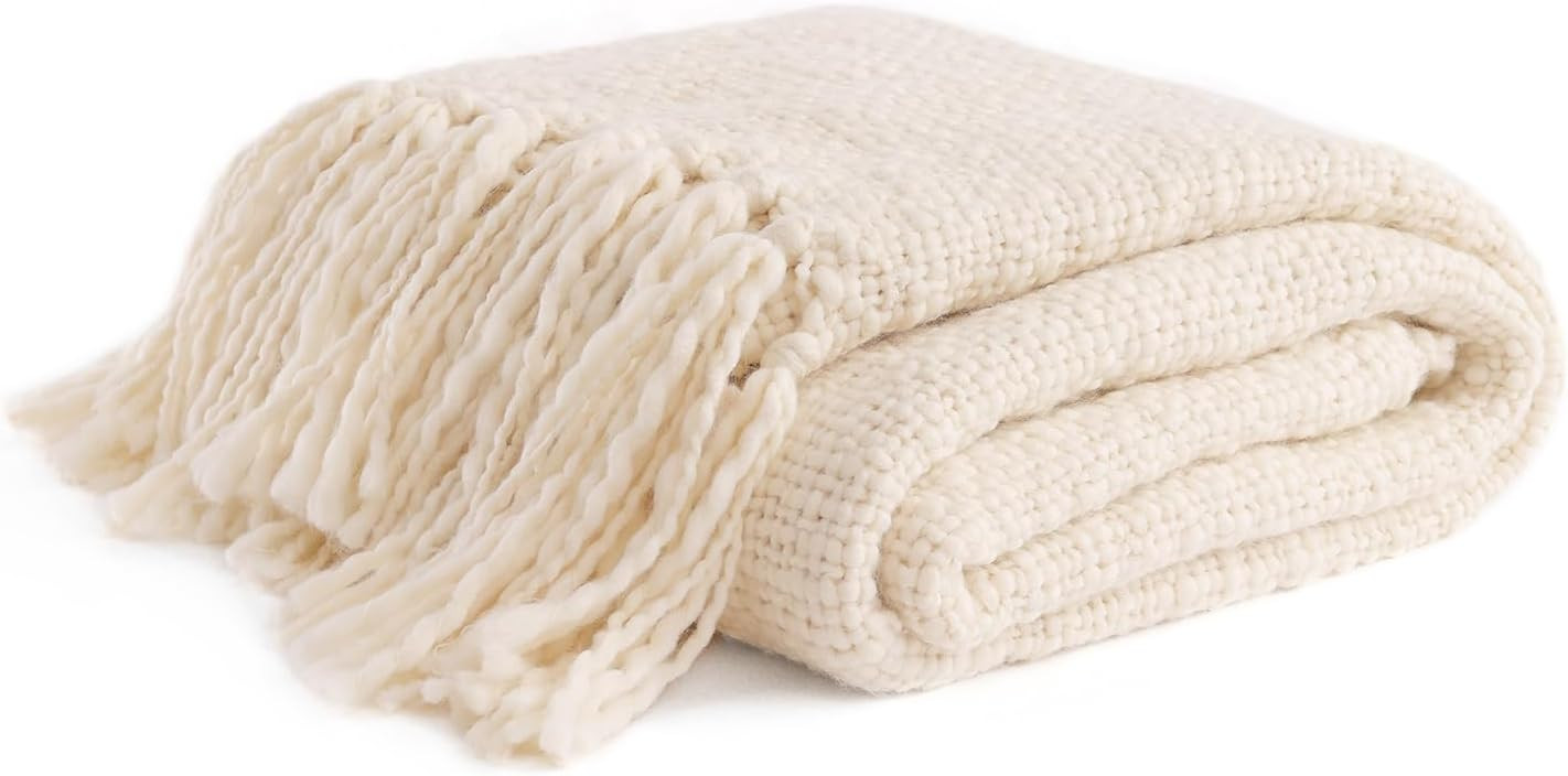 YnM Basketweave Knit Throw, Solid Neutral Vibe Textured Blanket with Tassel for Home Decor, 50 x ... | Amazon (US)
