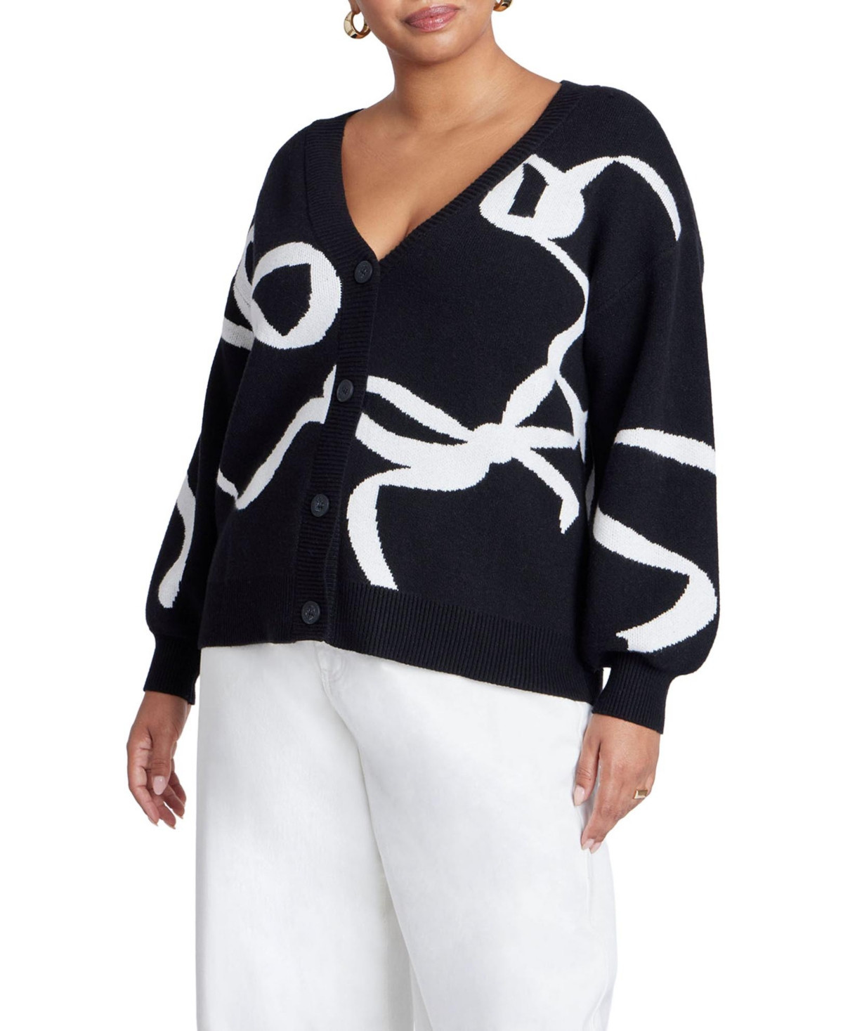 Eloquii Women's Plus Size Bow Print Cardigan - Black white bows | Macy's