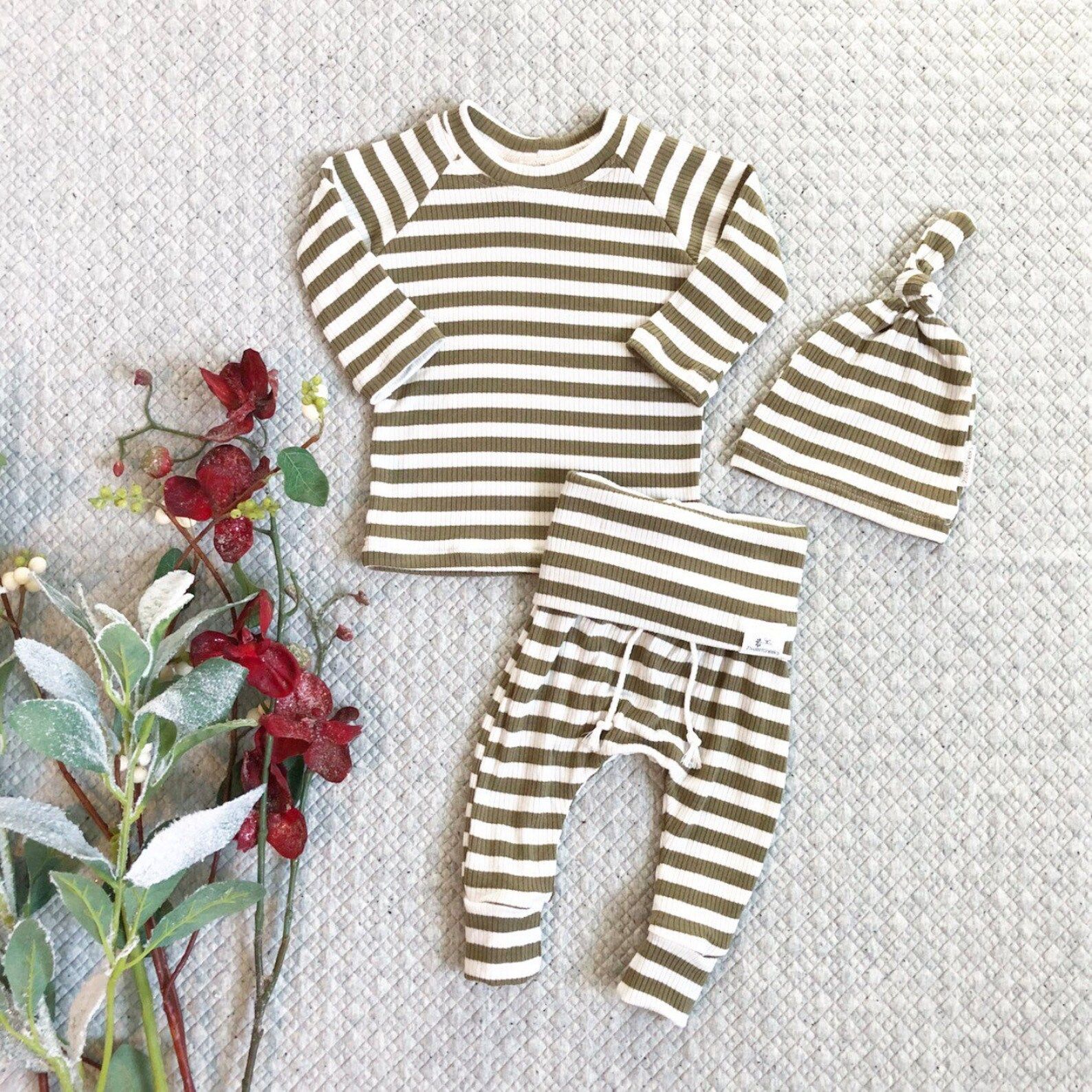Olive  White Stripe Outfit Babies First Christmas Siblings | Etsy | Etsy (US)