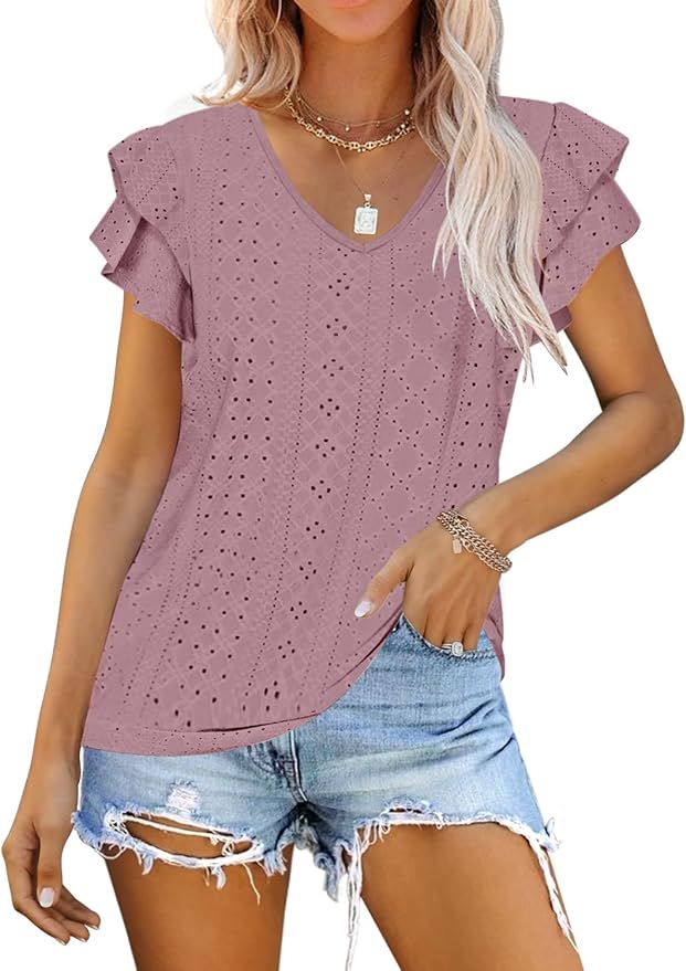 Kikula Women's V Neck T Shirt Summer Hollow Casual Ruffle Sleeve Tops Blouse | Amazon (US)