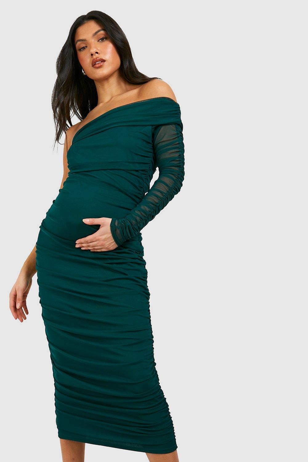 Maternity Mesh One Shoulder Ruched Midi Dress | boohoo (US & Canada)