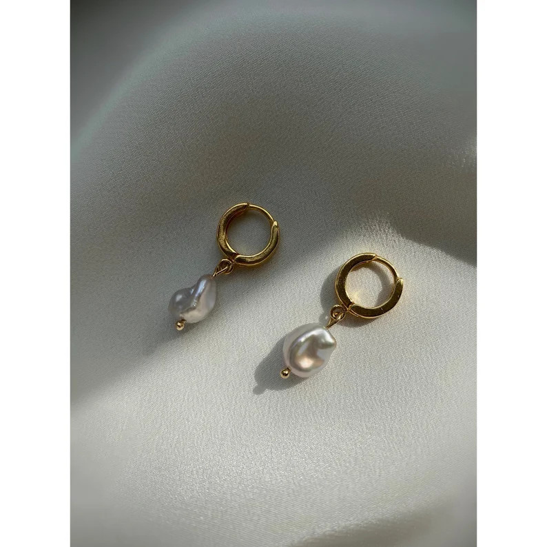 Pearl Earrings. Pearl Huggie Hoop Earrings. 18kt Gold Plated | Etsy | Etsy (US)