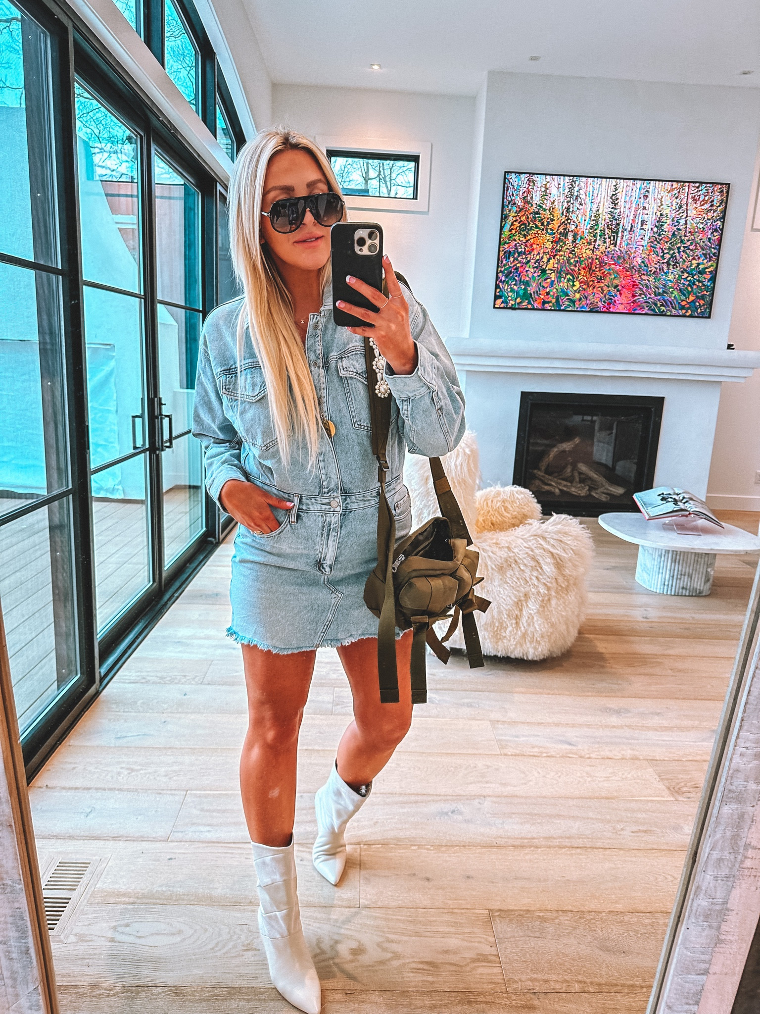 The cutest denim dress! I’m in a medium 