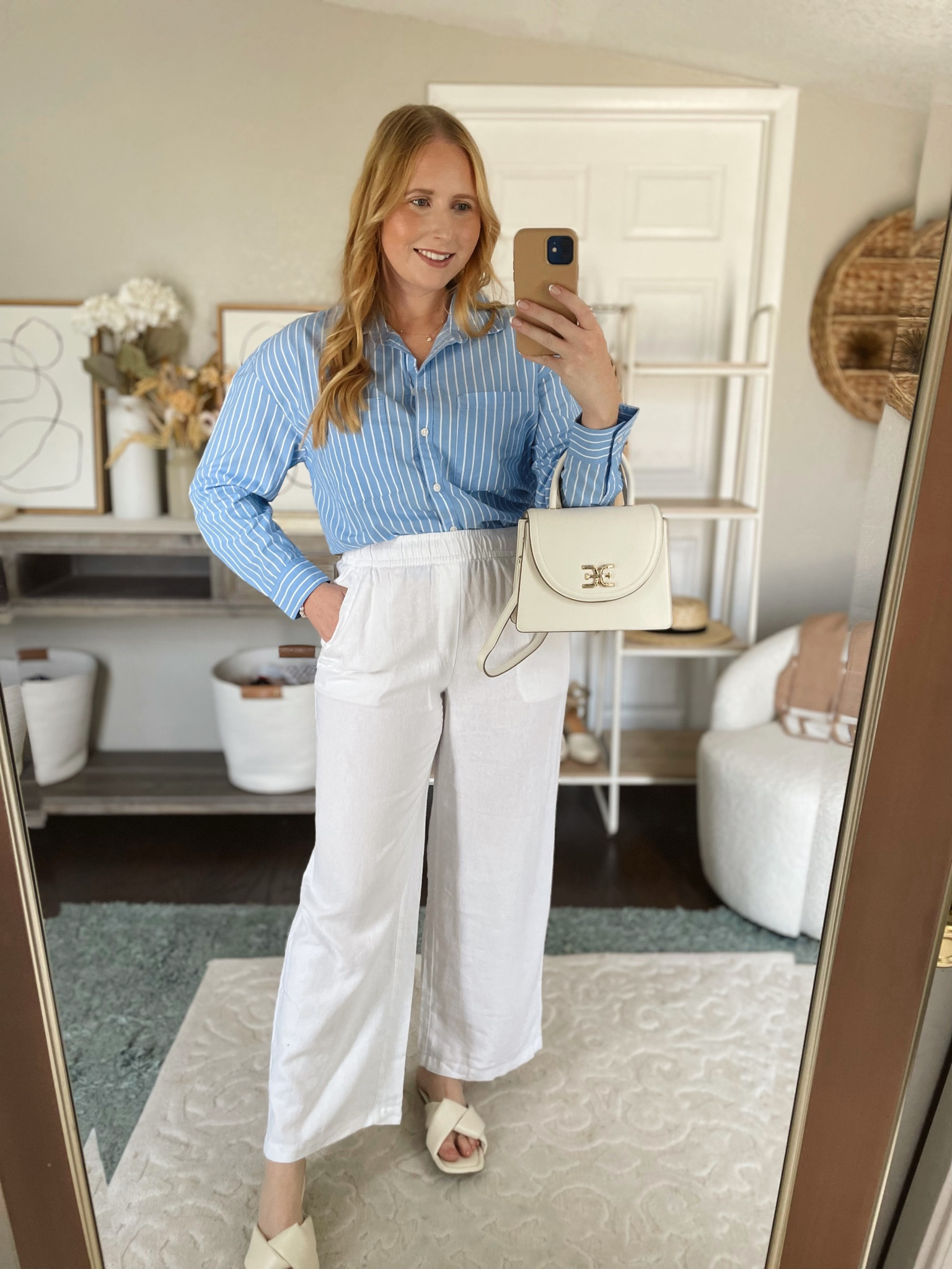Boyfriend shirt size M with white linen pants also size M from Old Navy, #oldnavy

#LTKsalealert #LTKunder50 #LTKstyletip