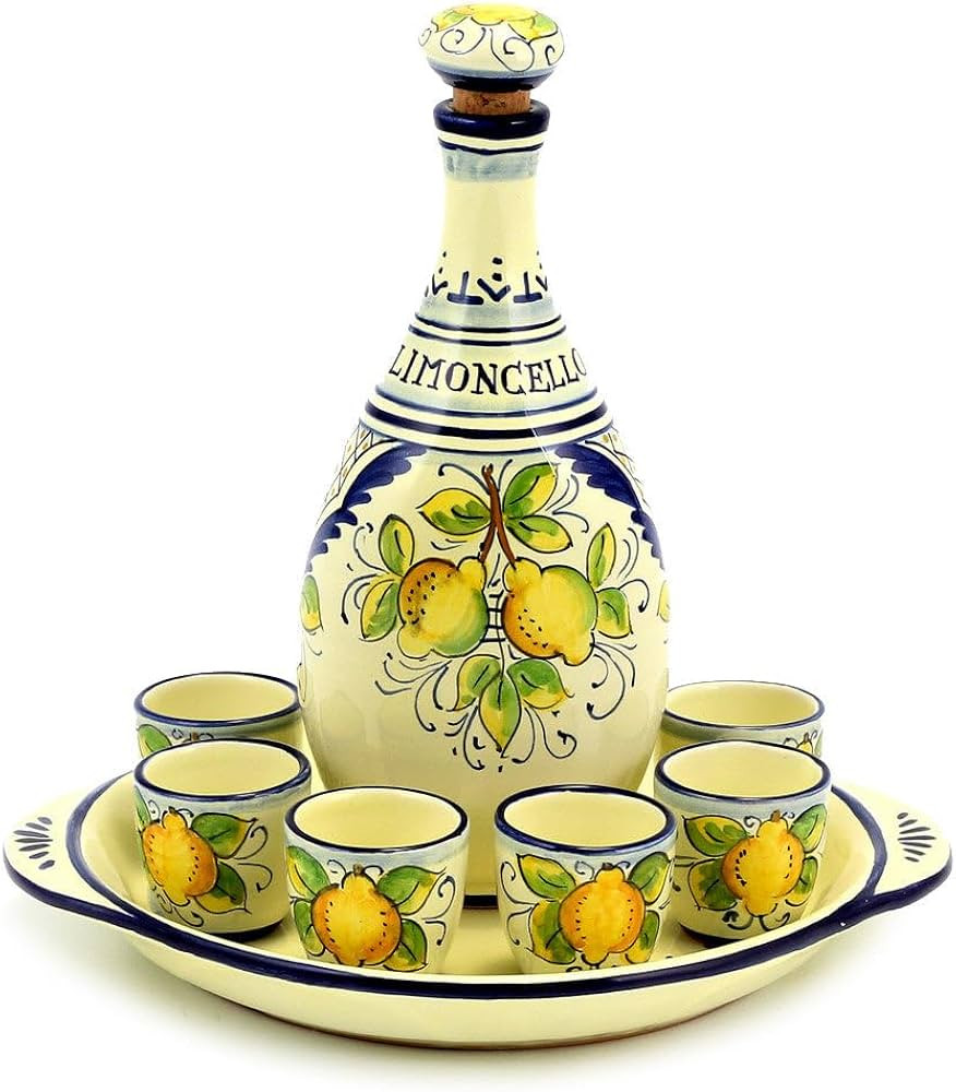 LIMONCELLO: Limoncello Set with Blue trimmings - Bottle with stopper and Tray and 6 Shot Glasses ... | Amazon (US)