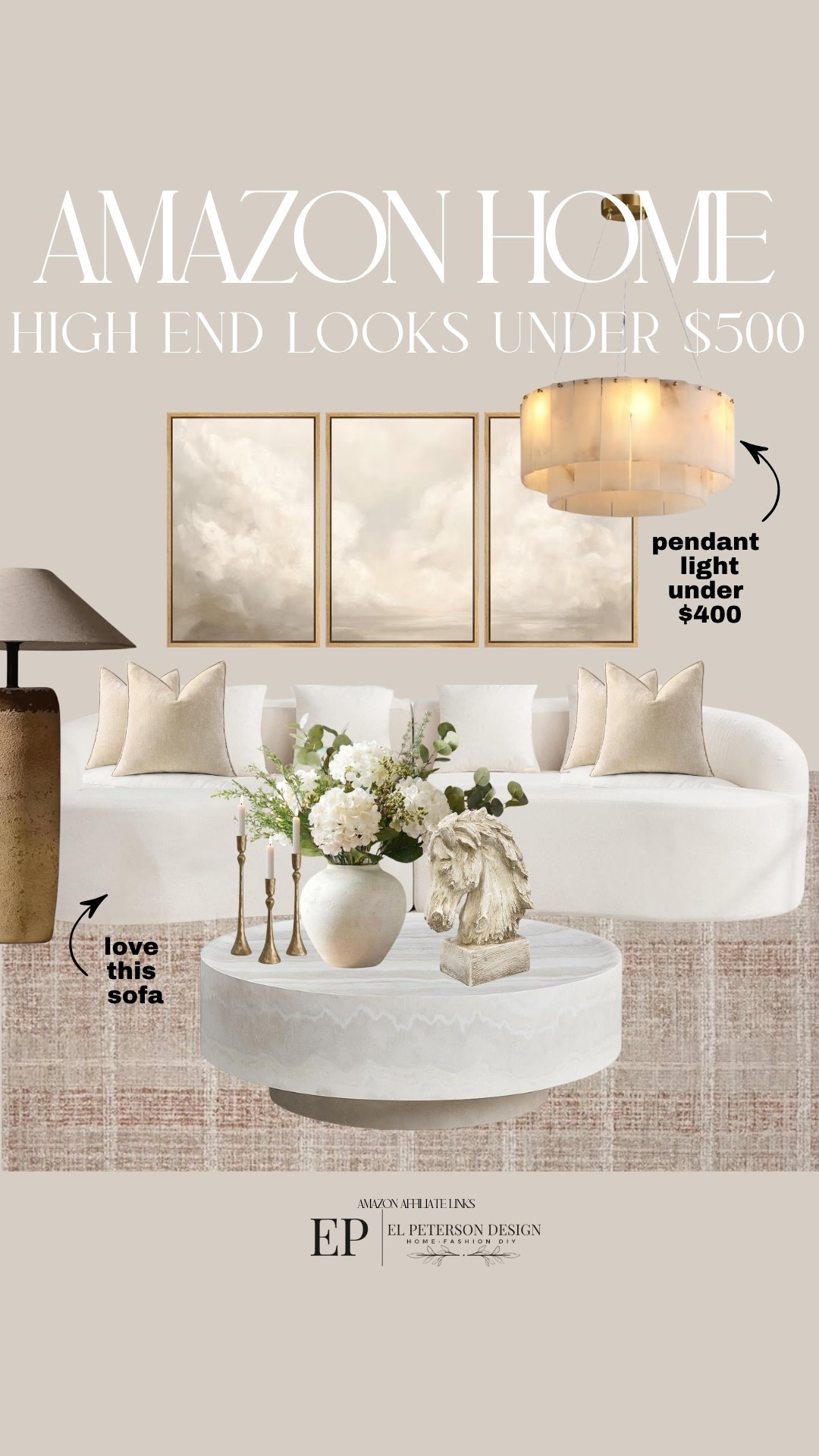 Amazon 
Sofa
Coffee table
Horse bust
Candle holder
Throw pulled
Pendant light
Floor lamp
Artwork
