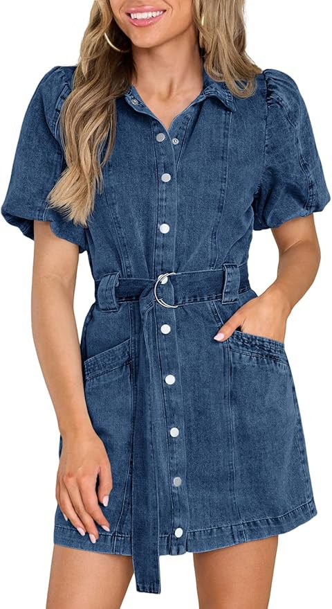 Fisoew Womens Denim Mini Dress Button Down Casual Belted Puff Short Sleeve Jean Dress with Pocket... | Amazon (US)