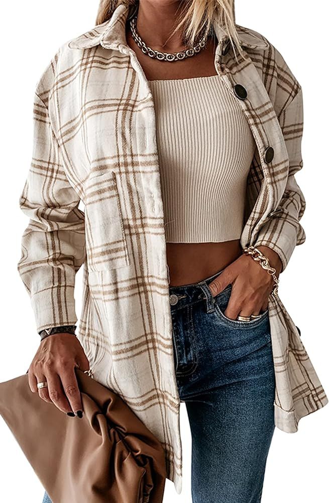 YOCUR Womens Flannel Shirts Plaid Jacket Lapel Long Outwear Warm Shirt Fall Jackets | Amazon (US)