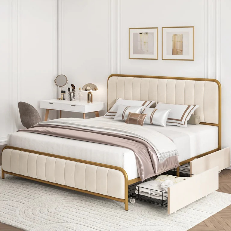 Homfa King Size 4 Drawers Storage Bed Frame, Gold Platform Bed with Tufted Upholstered Headboard,... | Walmart (US)