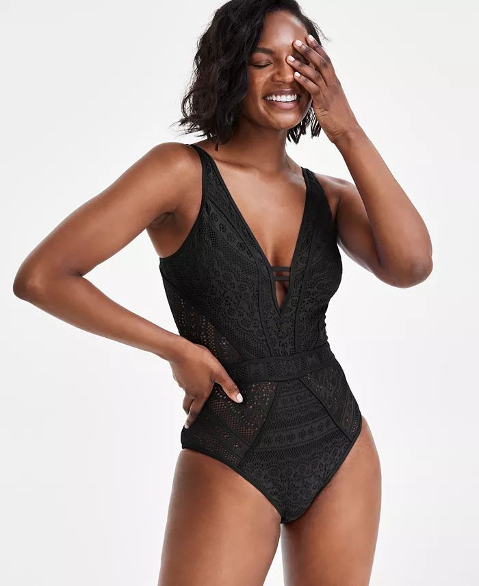 Becca Women's Crochet Plunging One-Piece Keyhole Swimsuit - Macy's | Macy's