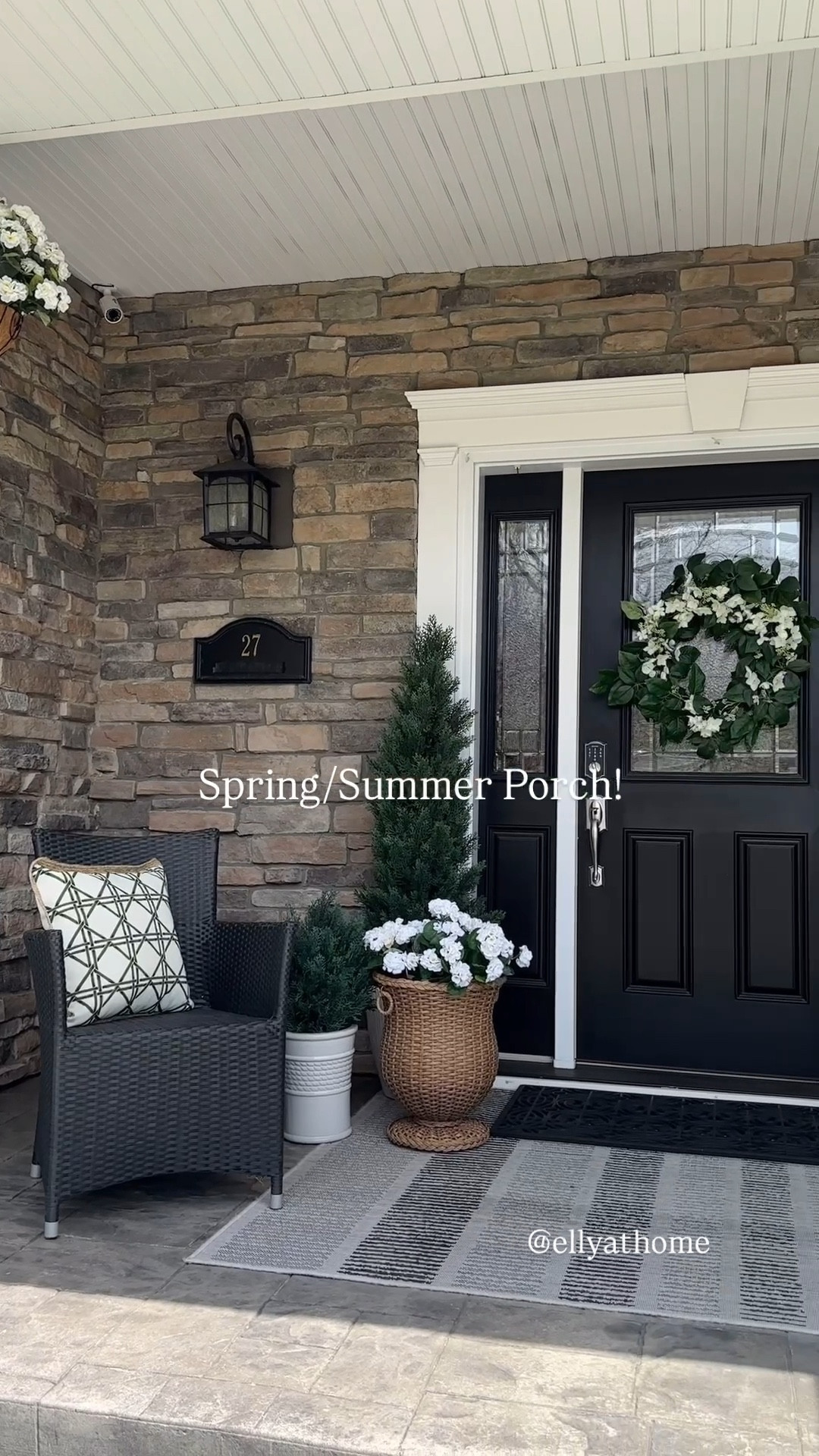 Spring/summer porch styling! I love these new outdoor resin rattan planters, outdoor faux geraniums, hanging baskets, outdoor pillows on sale. Hydrangeas wreath, cypress trees, small bush, my favorite jeans & cap and more porch, patio finds! Target, Amazon. 