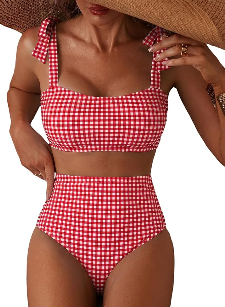 Herseas Women's Tie Shoulder Bikini Sets 2 Piece Striped Swimsuits High Waisted Bathing Suits | Amazon (US)