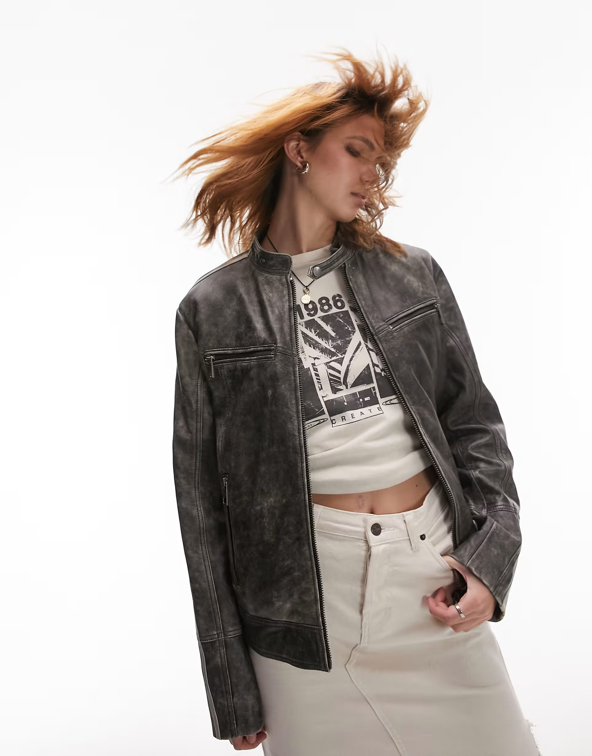 Topshop real leather stripe moto racer jacket in black | ASOS (Global)