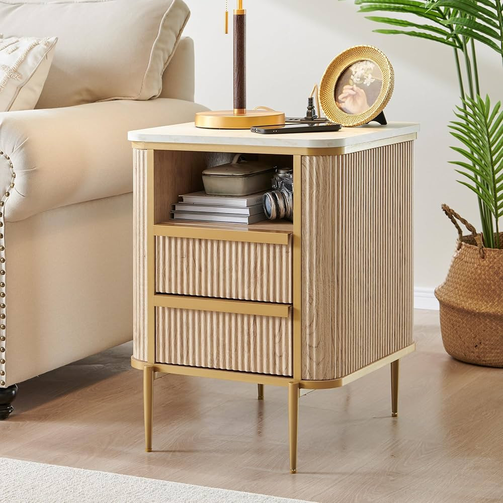 OKD Modern Chic Fluted Nightstand Luxury with Charging Station, End Table/Bed Side Table w/2 Draw... | Amazon (US)
