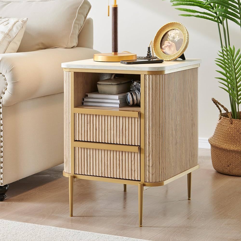 OKD Modern Chic Fluted Nightstand Luxury with Charging Station, End Table/Bed Side Table w/2 Draw... | Amazon (US)